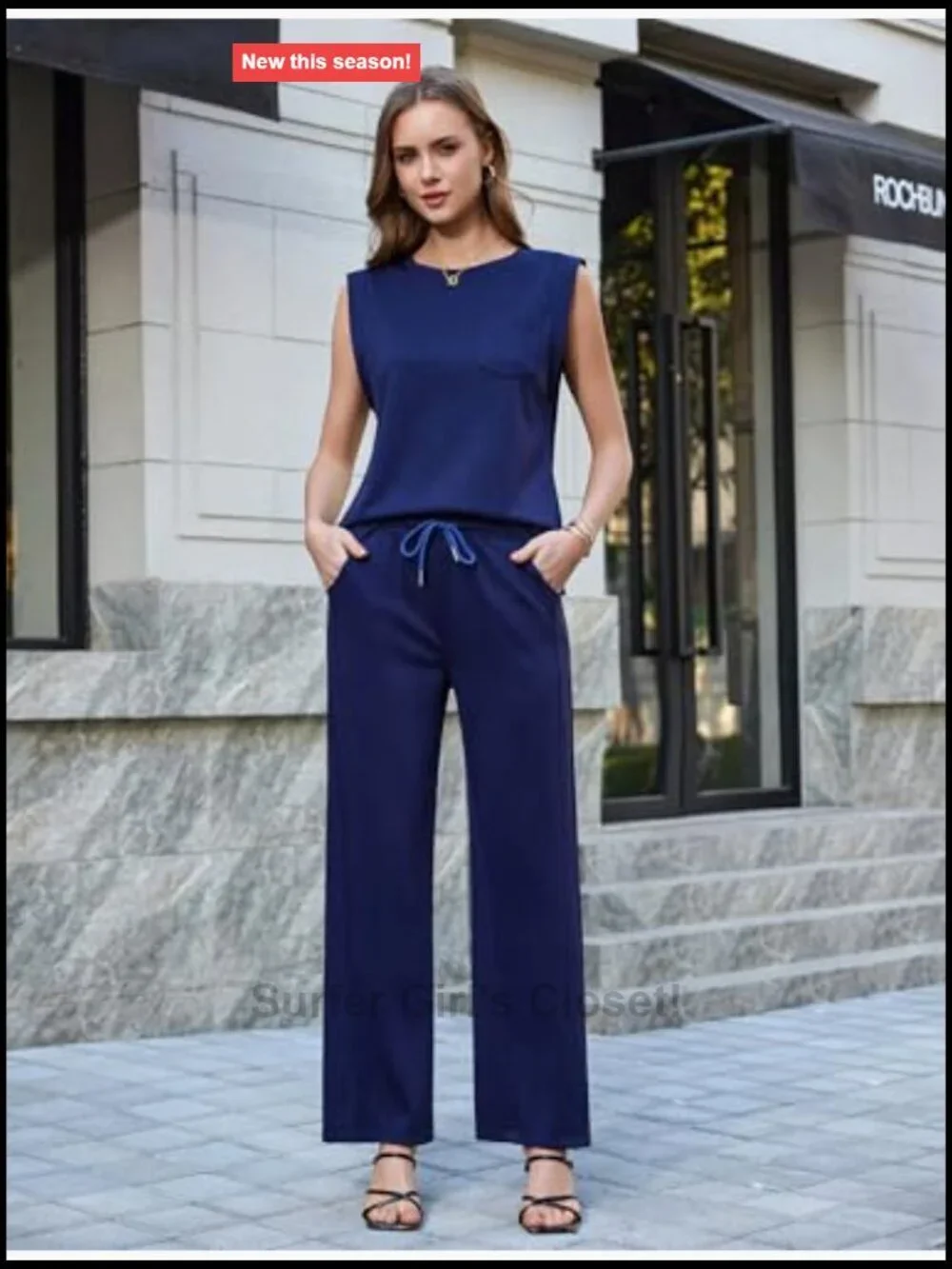 2 Piece Lounge Set with Pockets Sleeveless Top Straight Leg Pants